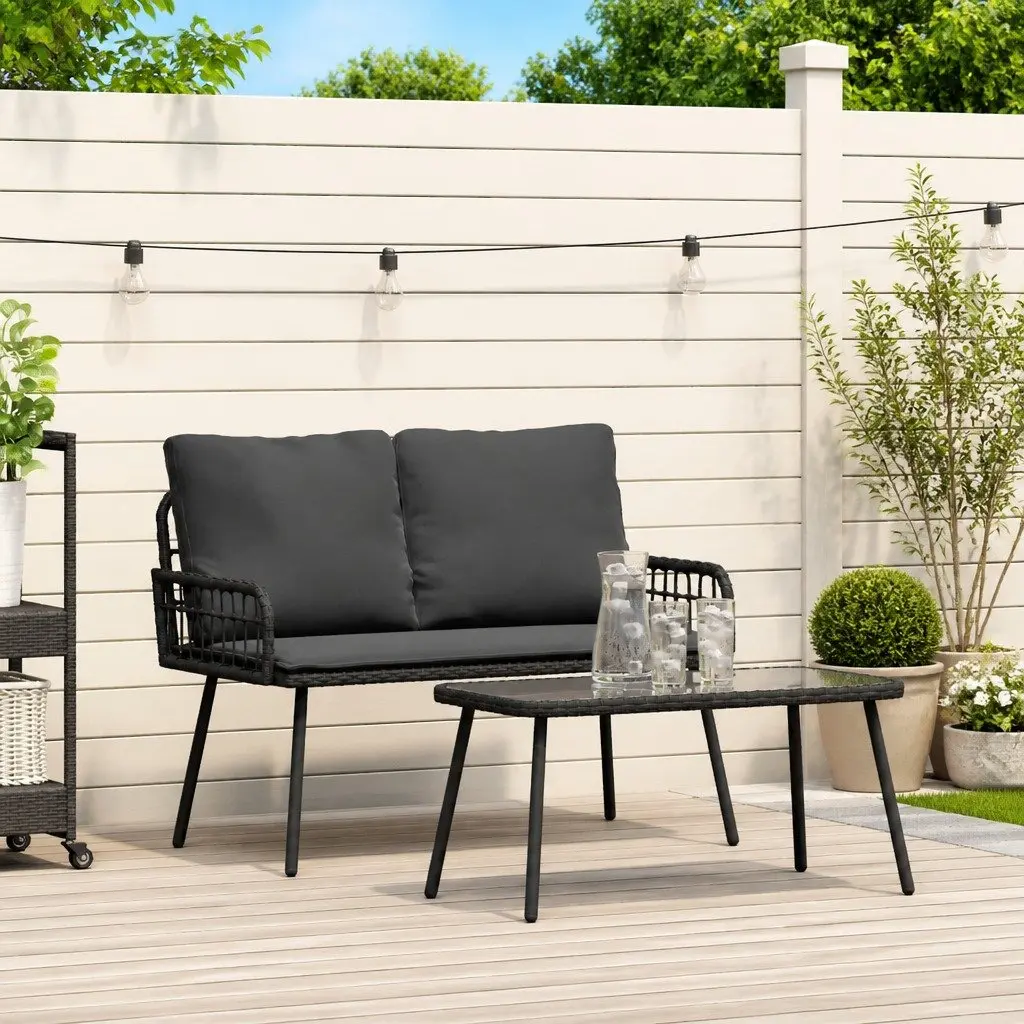 Garden Dining Set Outdoor Furniture Black Poly Rattan Table Bench with Cushions