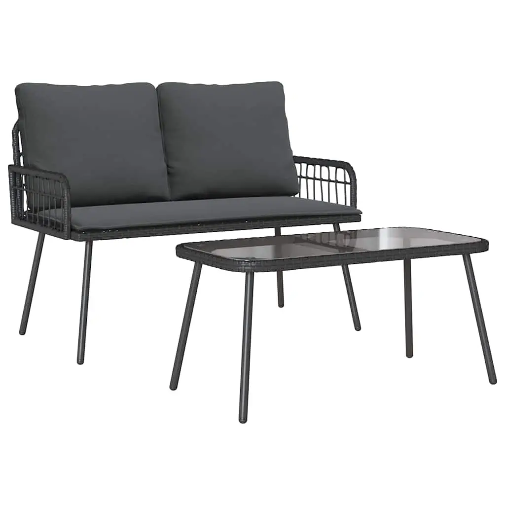 Garden Dining Set Outdoor Furniture Black Poly Rattan Table Bench with Cushions