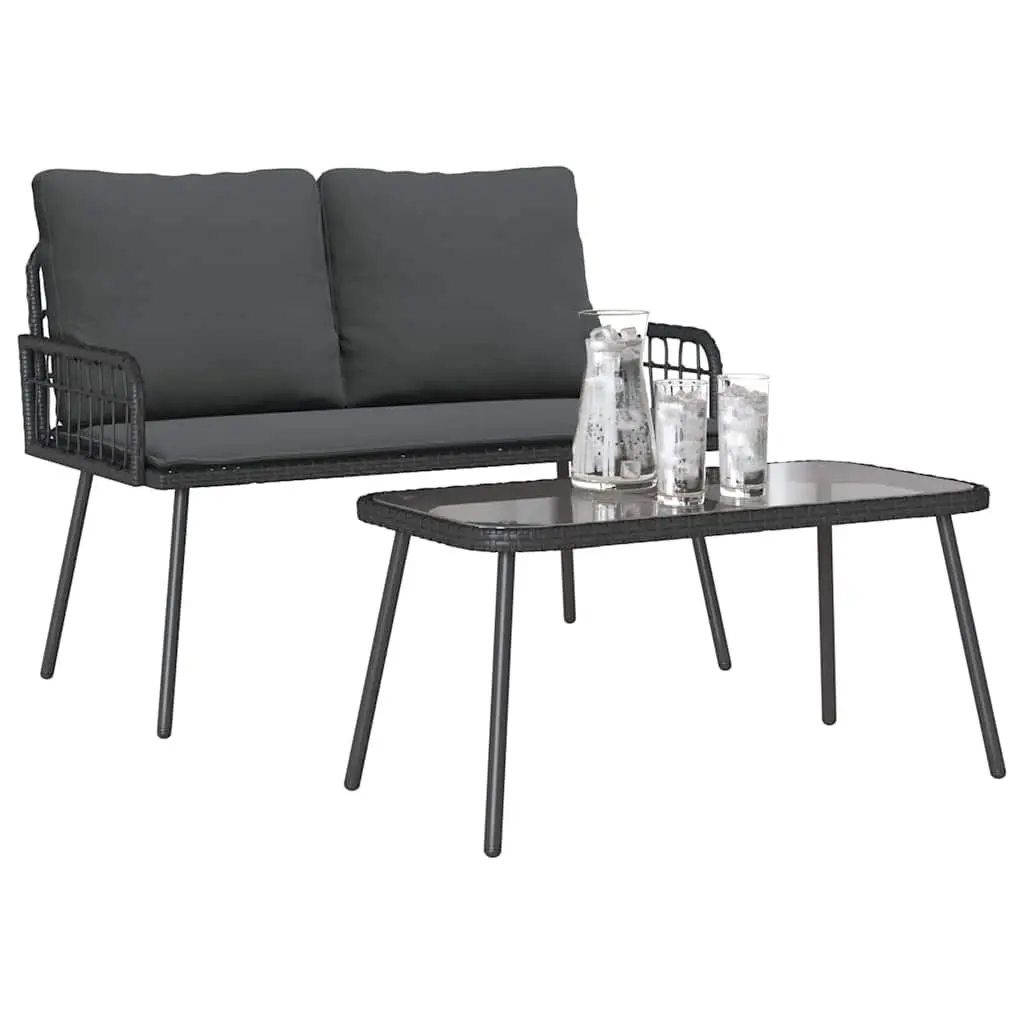 Garden Dining Set Outdoor Furniture Black Poly Rattan Table Bench with Cushions
