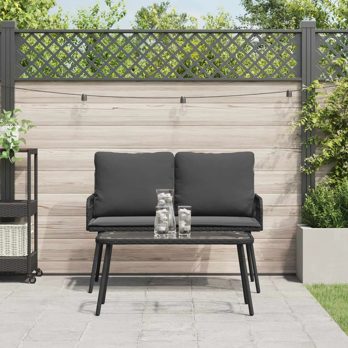 Garden Dining Set Outdoor Furniture Black Poly Rattan Table Bench with Cushions