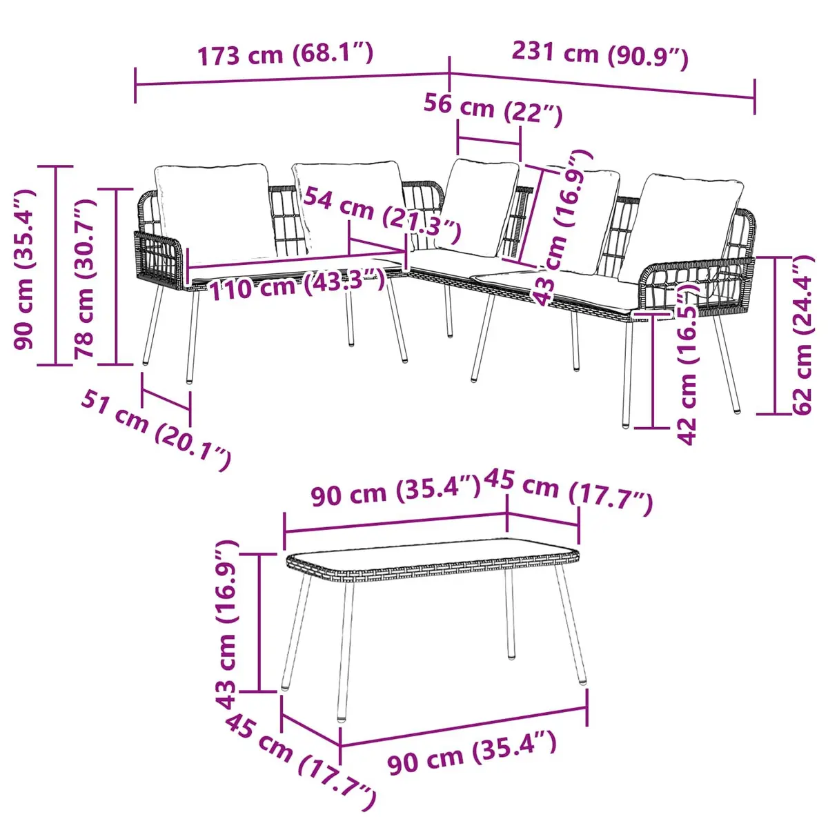 Garden Sofa Set 2-Piece Outdoor Furniture Patio Black Rattan Sectional with