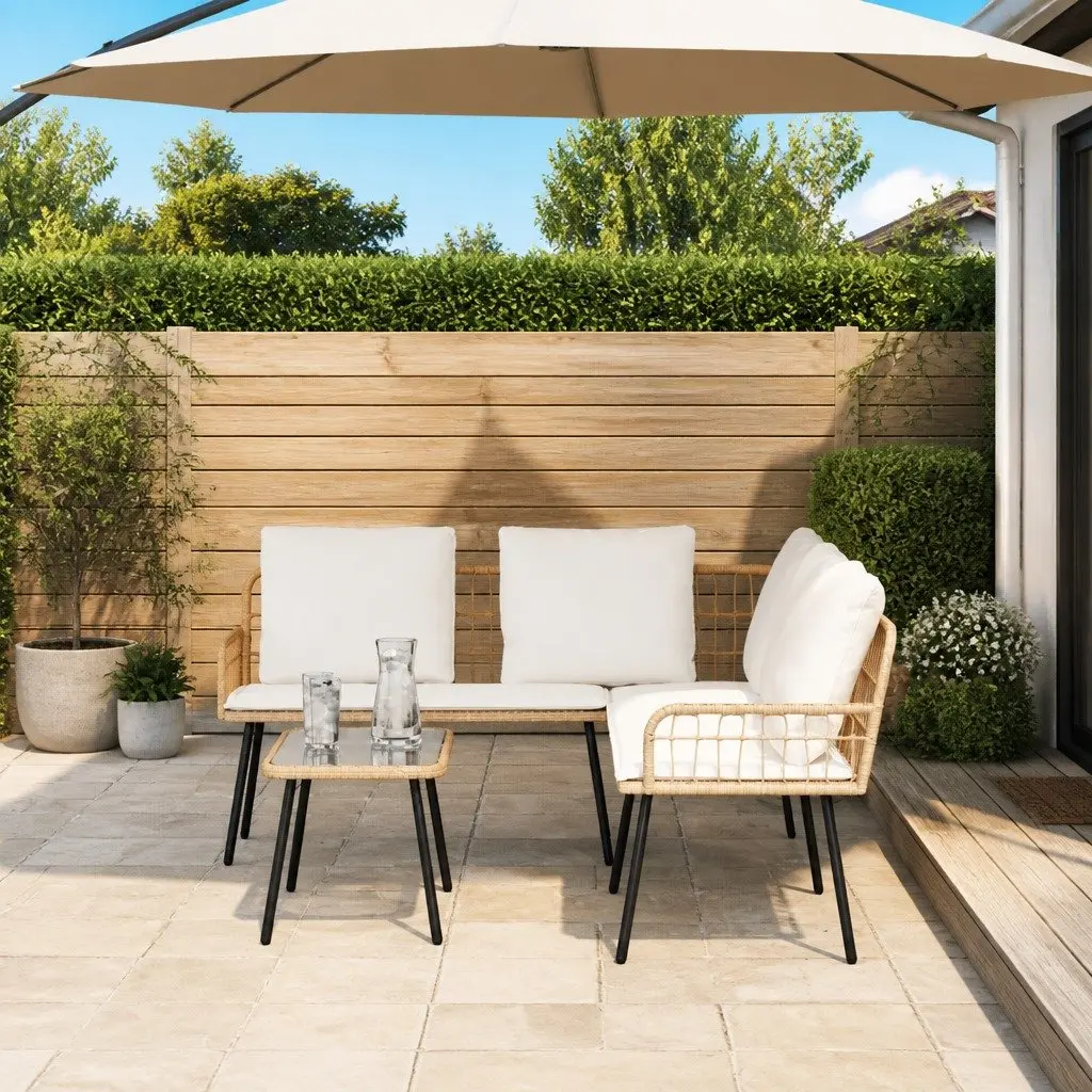 Outdoor Lounge Sofa Set 2 Pieces Brown Poly Rattan Patio Furniture with Armrests and Backrests Weather Resistant Cushions