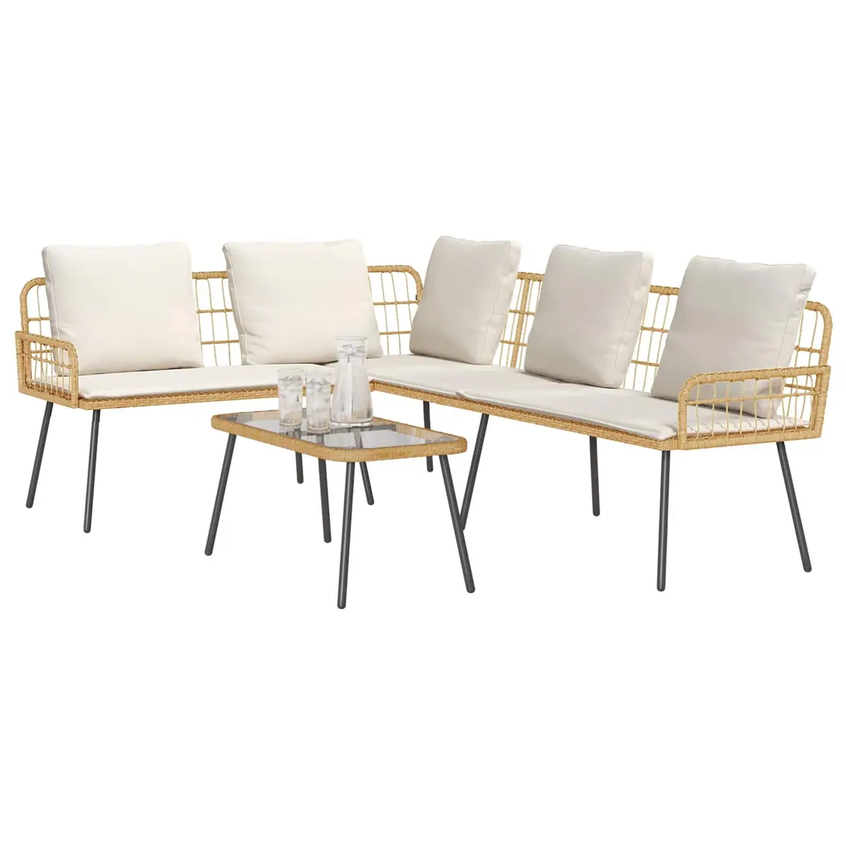 Outdoor Lounge Sofa Set 2 Pieces Brown Poly Rattan Patio Furniture with Armrests and Backrests Weather Resistant Cushions