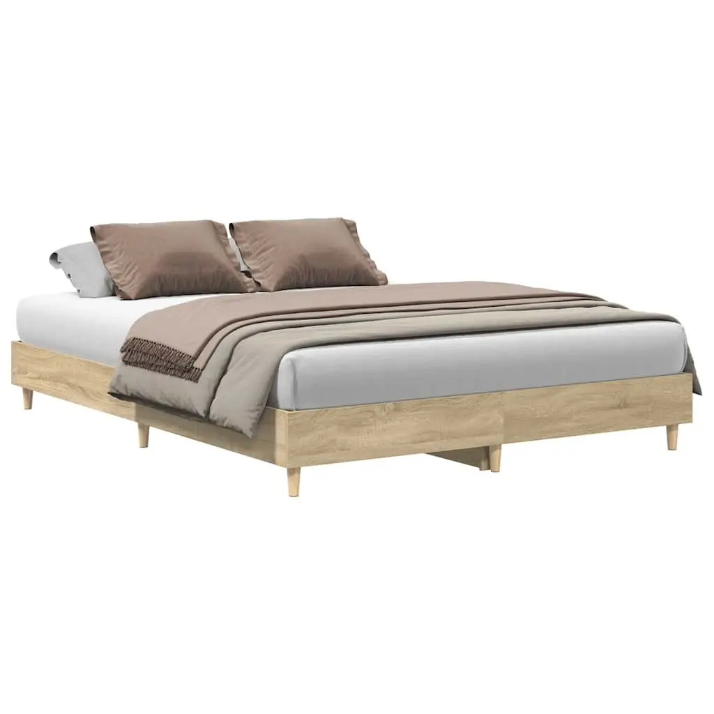 Bed Frame 150x200 cm No Mattress Sonoma Oak Engineered Wood Slatted Base Bedroom