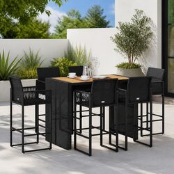 7 Piece Outdoor Garden Bar Set Black Poly Rattan Patio Furniture with Bar Stools