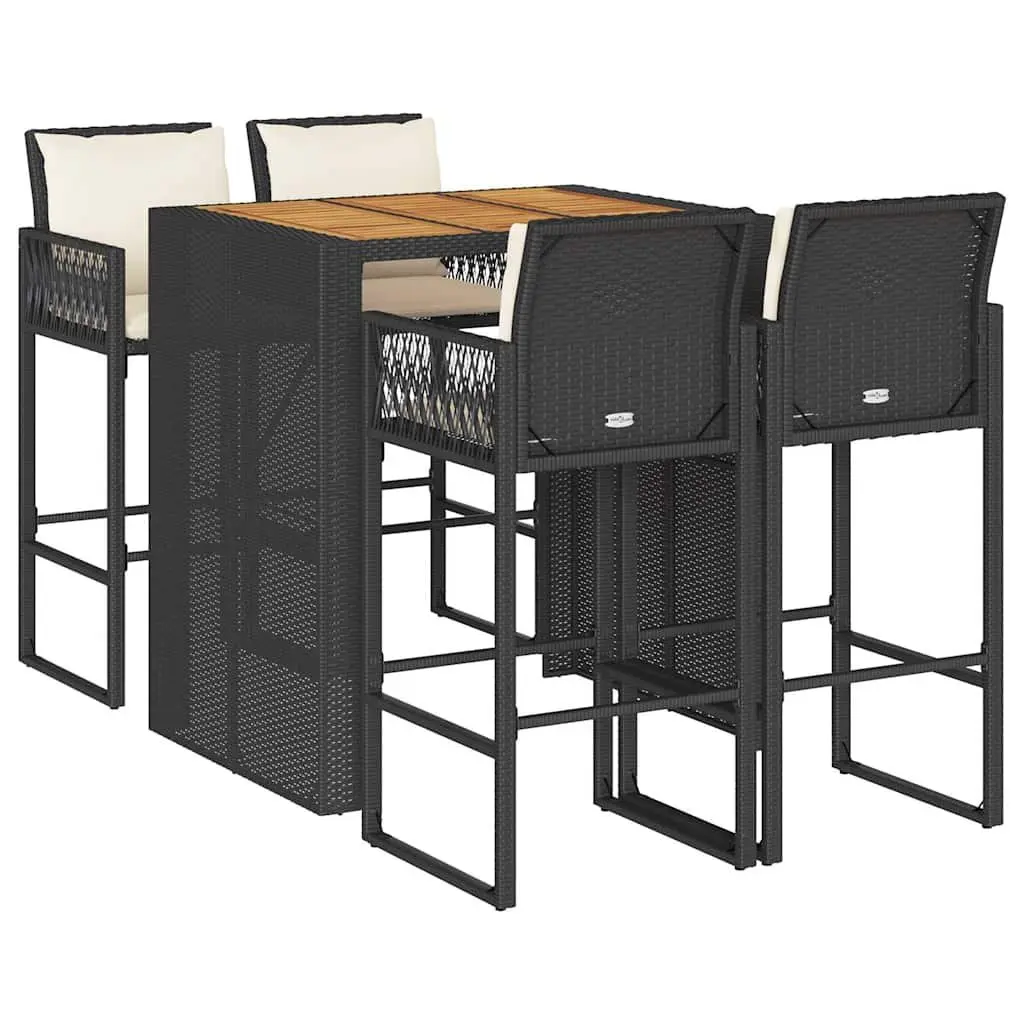 5 Piece Garden Bar Set PE Rattan Powder-coated Steel Black Outdoor Furniture with Cushions