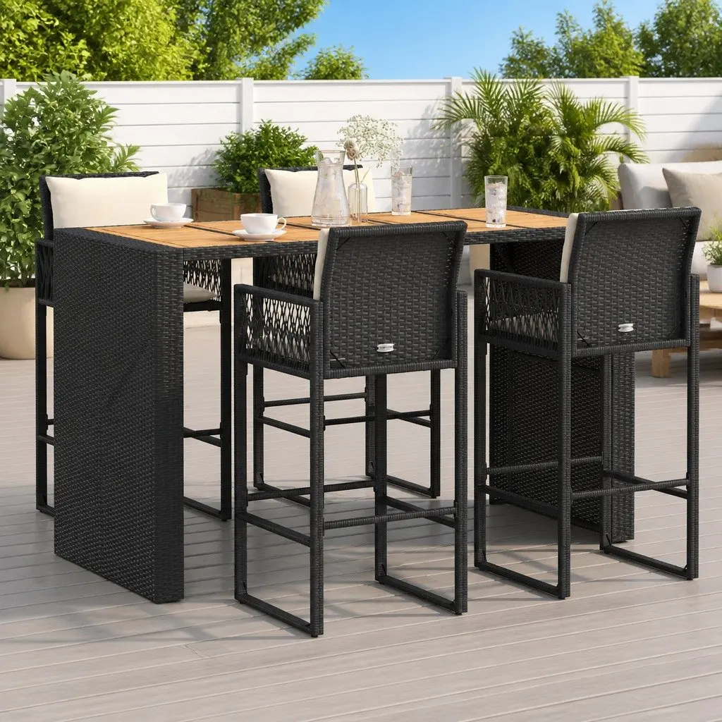 Outdoor Furniture Set 5 Piece Bar Table and Stools Black Weather Resistant Poly Rattan with Cushions
