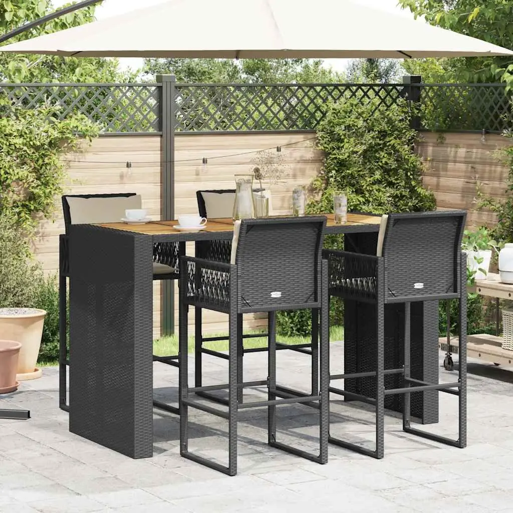 Outdoor Furniture Set 5 Piece Bar Table and Stools Black Weather Resistant Poly Rattan with Cushions