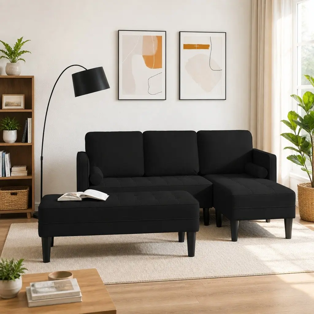 Modular Sofa Set Polyester 2 Pieces Black Flat Armrests Contemporary
