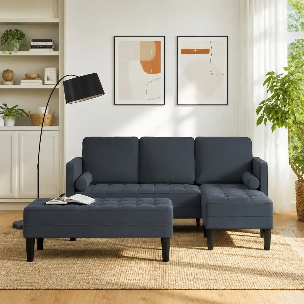 Modern Modular Sofa Set 2-Piece Grey Polyester Living Room Furniture