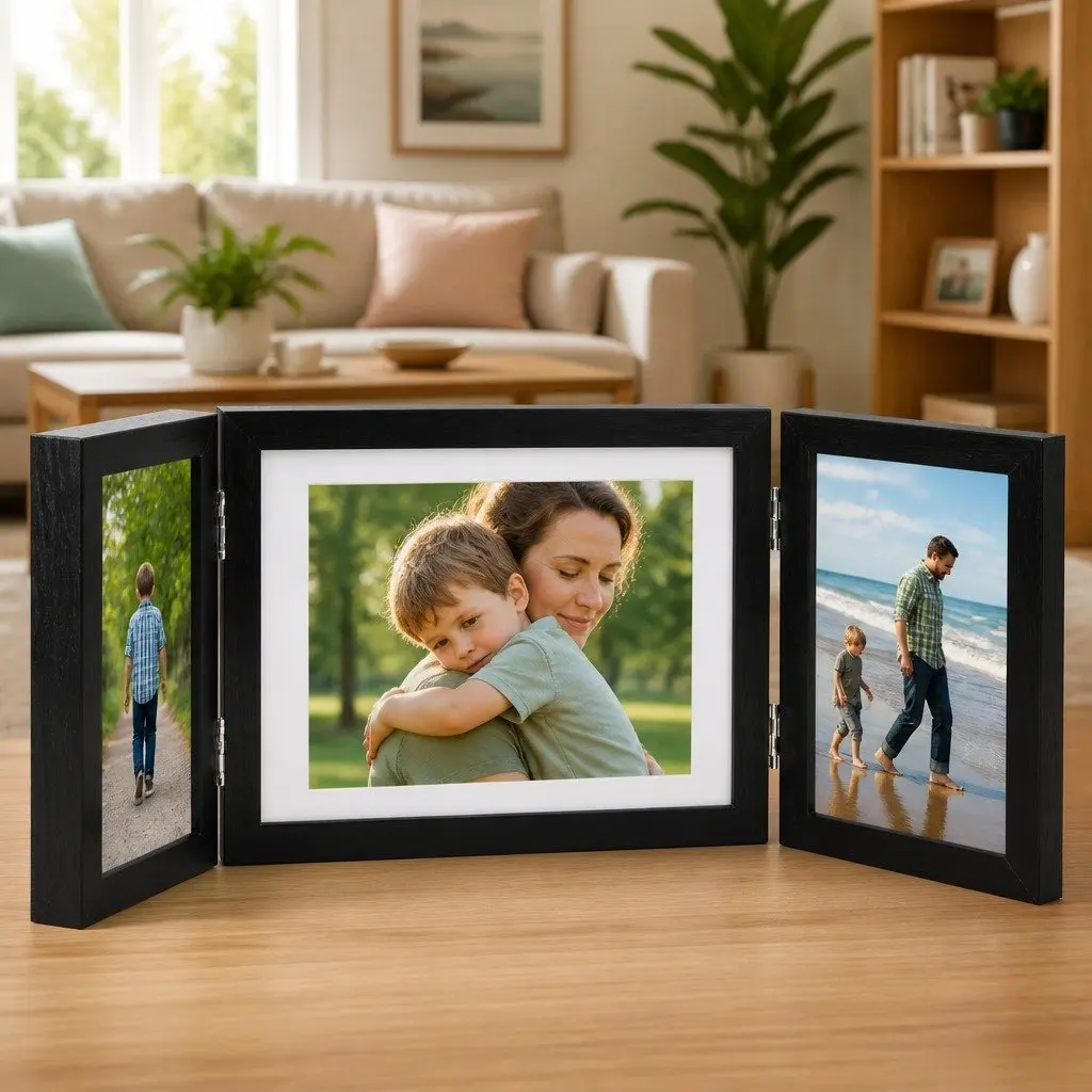 Trifold Collage Photo Frame Black 22x15cm with Two 10x15cm Frames Freestanding Display for Home Decor