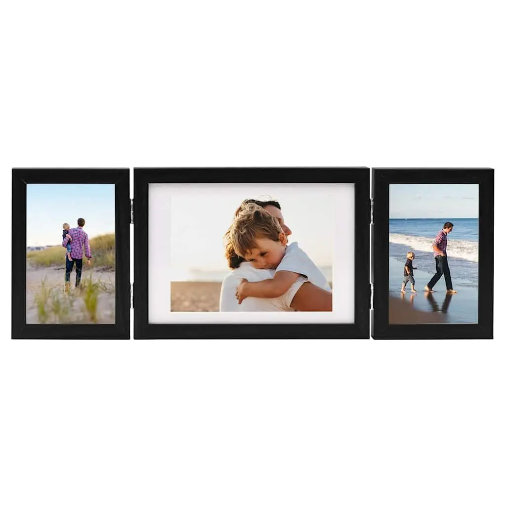 Trifold Collage Photo Frame Black 22x15cm with Two 10x15cm Frames Freestanding Display for Home Decor