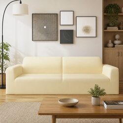 3-Seater Stretch Couch Slipcover Cream Polyester Jersey Sofa Furniture Protector