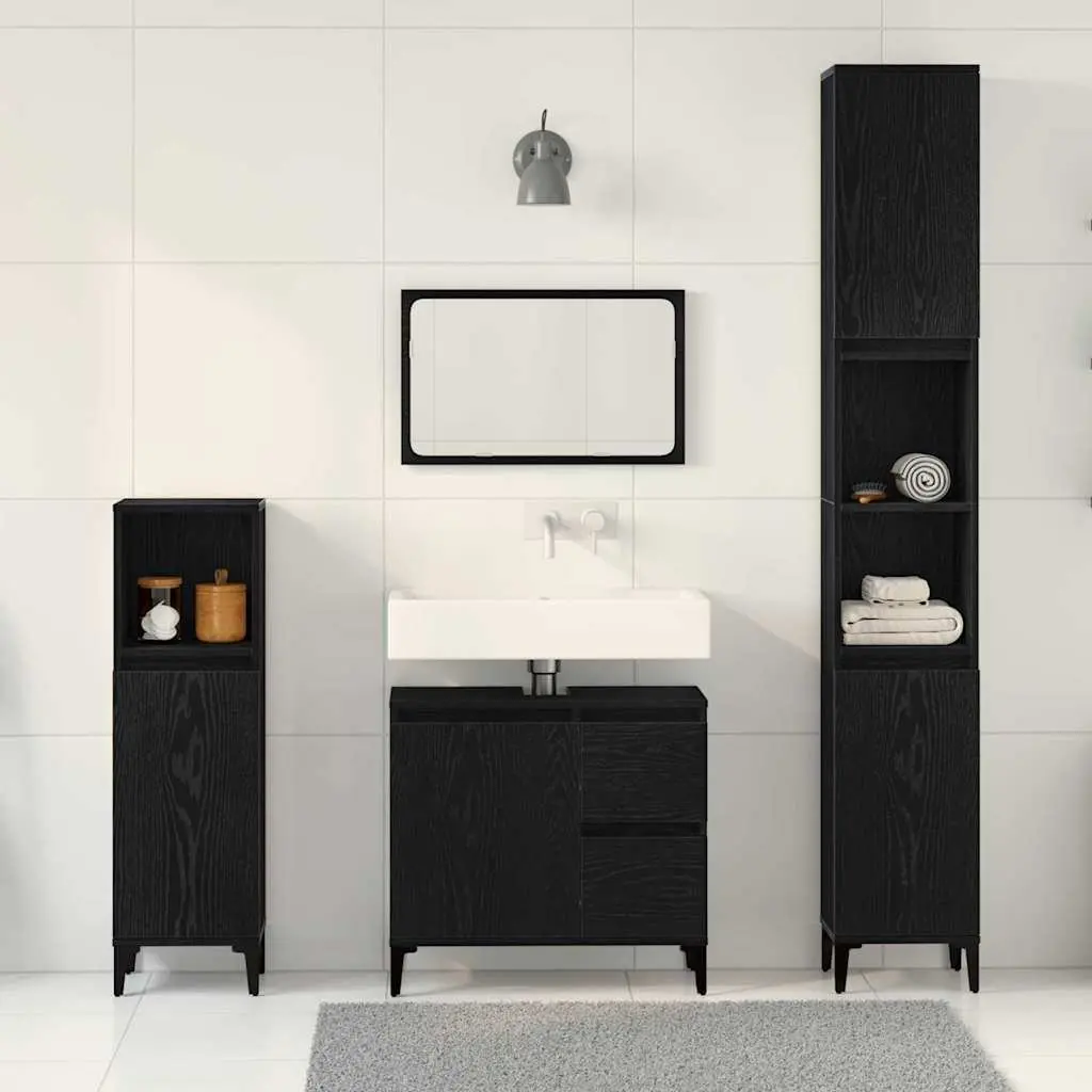 Bathroom Furniture Set Engineered Wood 3 Piece Black Oak Wall-mounted Storage