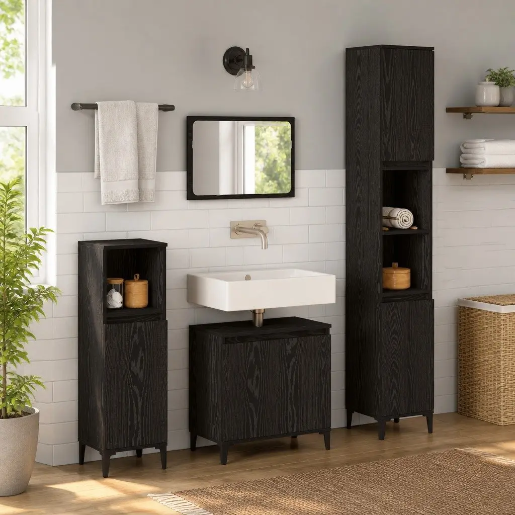 Bathroom Furniture Set Engineered Wood Wall-mounted 3 Piece Black Oak with Doors Storage