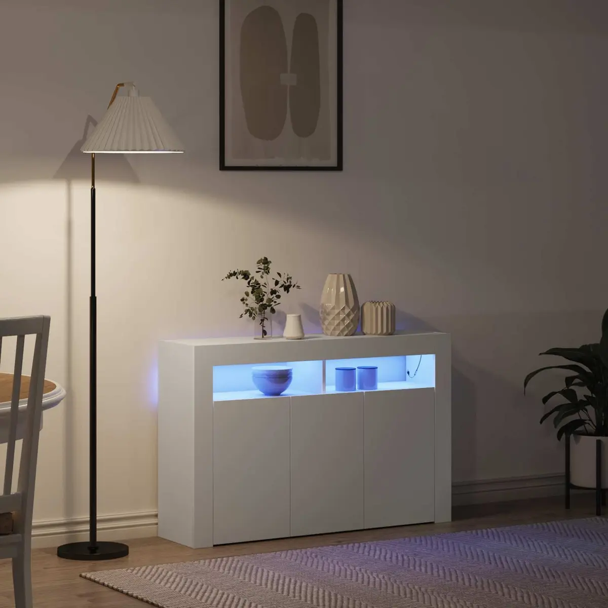 White Sideboard with RGB LED Lights Modern Storage Cabinet Engineered Wood