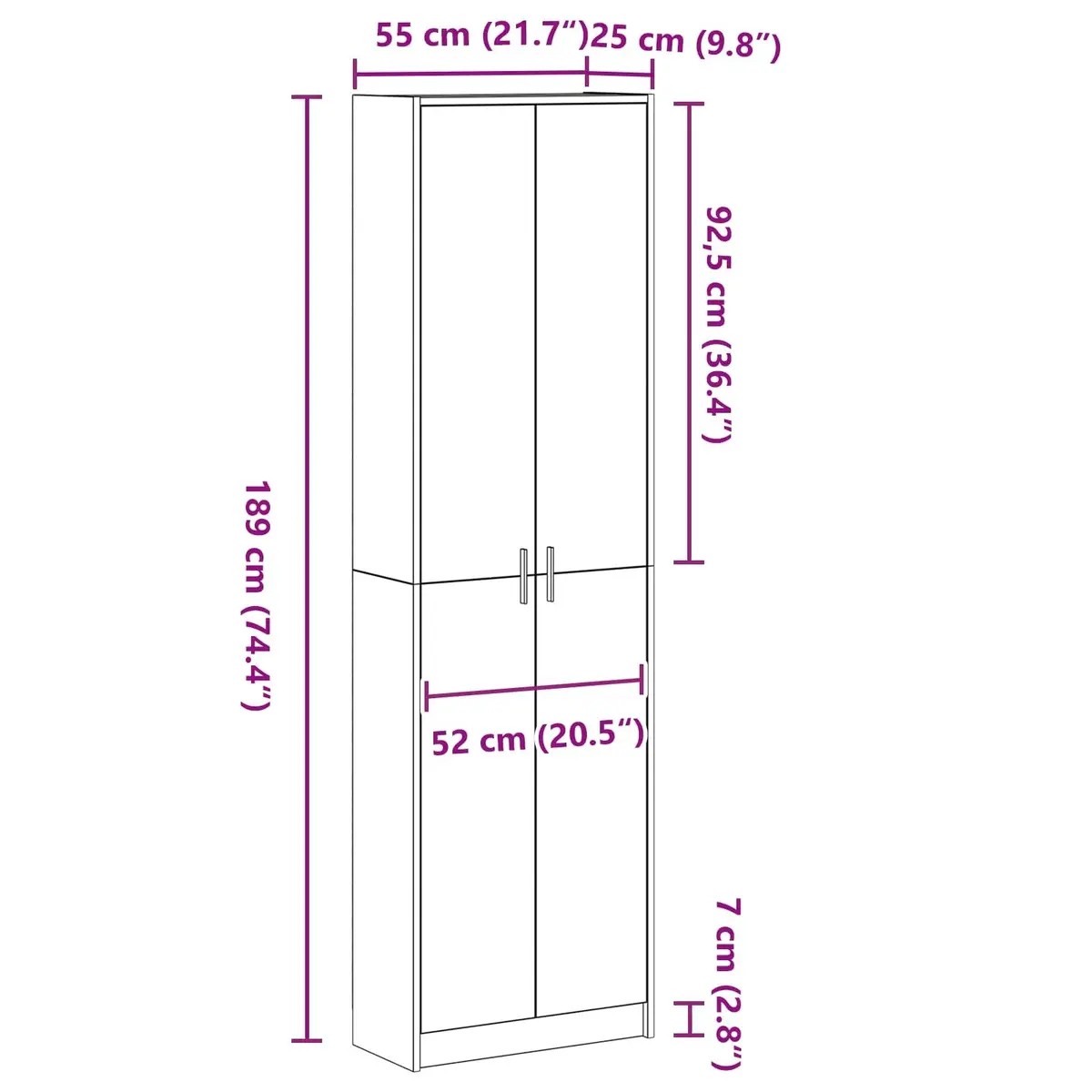 White Wardrobe with Easy Access Hinge Doors 55x25x189cm
