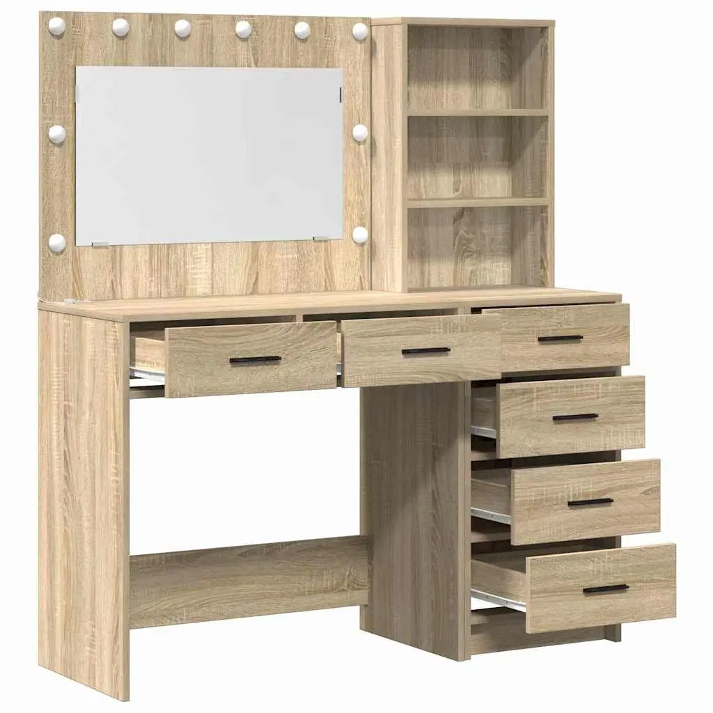 Modern Dressing Table Brown Bedroom Vanity Storage Mirror Lights Drawers Shelves