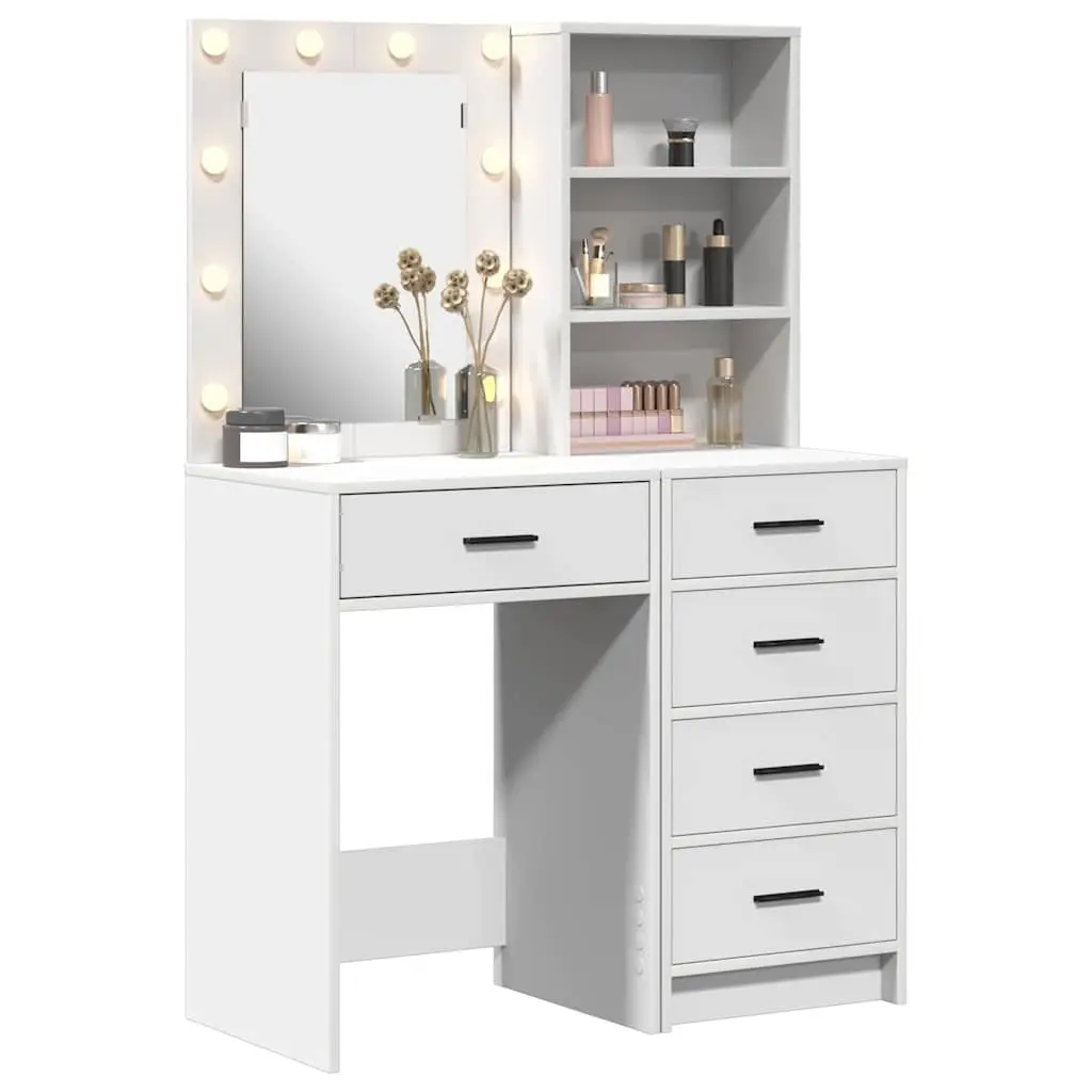 Dressing Table 2 pcs White Engineered Wood Bedroom Vanity Storage LED Mirror