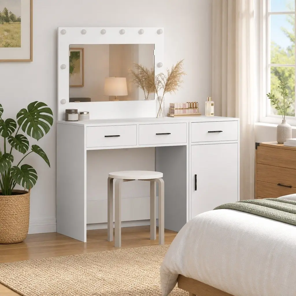 Dressing Table with Mirror LED Lights Engineered Wood 2 Piece White Bedroom Vanity Unit