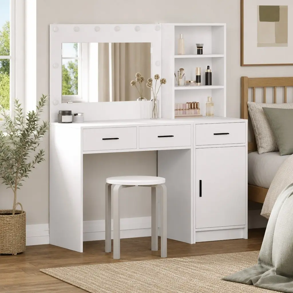 Dressing Table Engineered Wood 2 pcs White with LED Mirror Lights