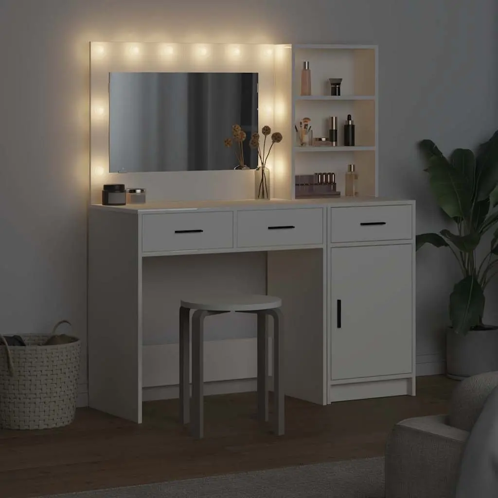 Dressing Table Engineered Wood 2 pcs White with LED Mirror Lights