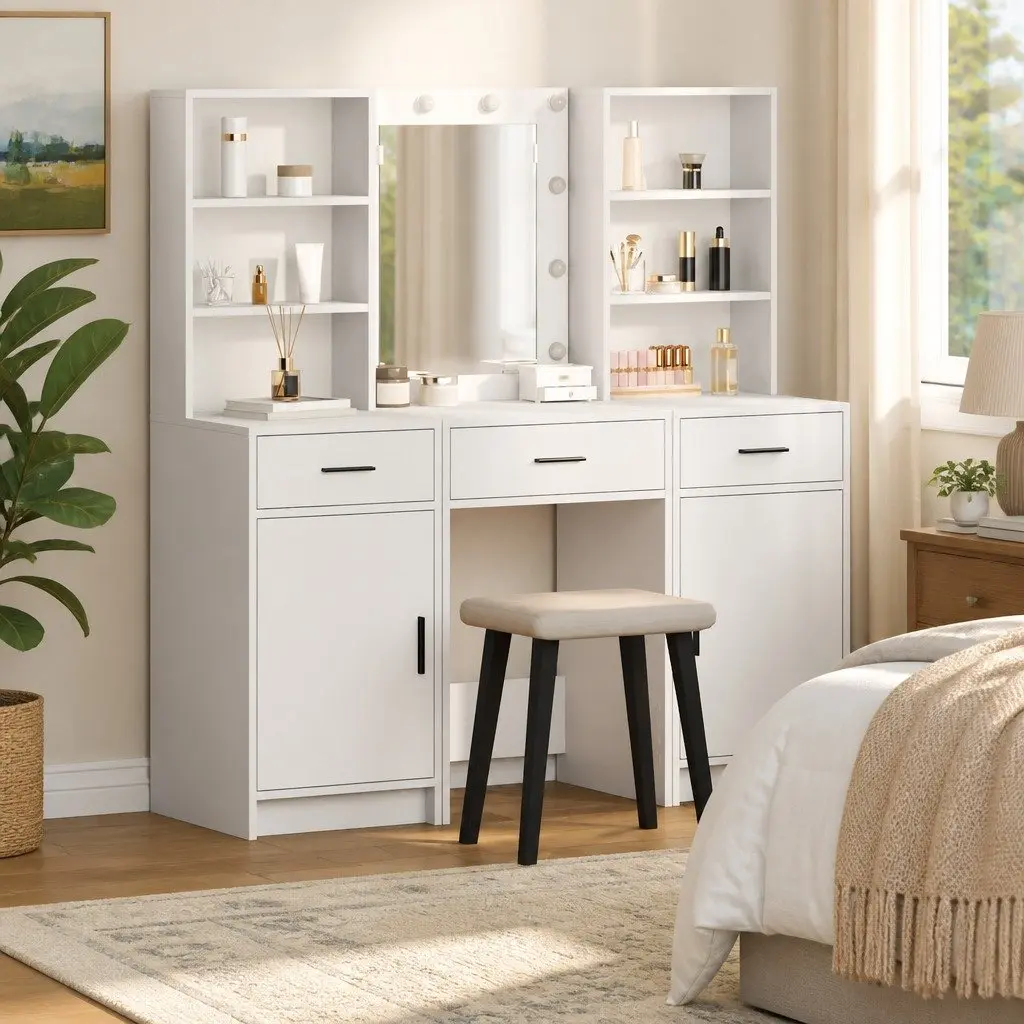Dressing Table Set with LED Mirror 3 Piece White Bedroom Vanity Storage Drawers