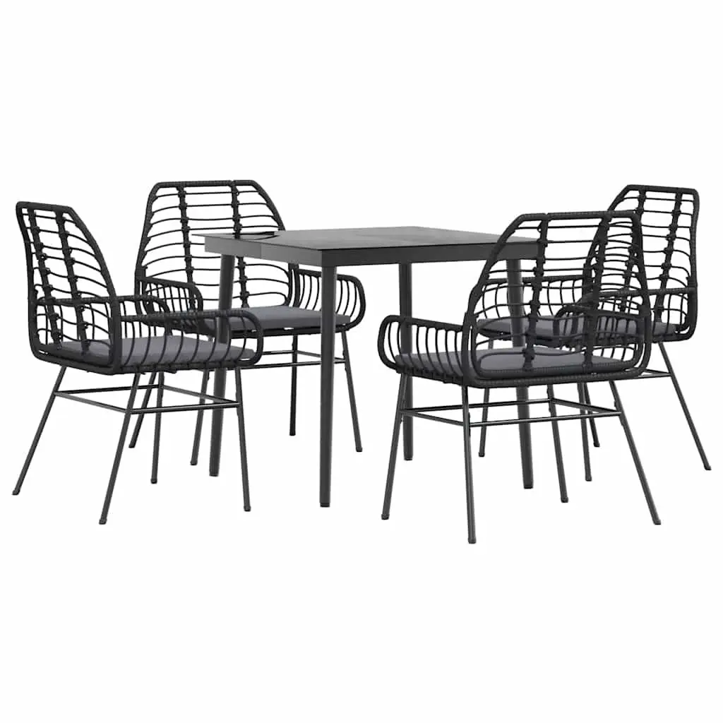 5 Piece Dining Set Black Rattan Outdoor Furniture with Powder Coated Steel Frame and Glass Tabletop