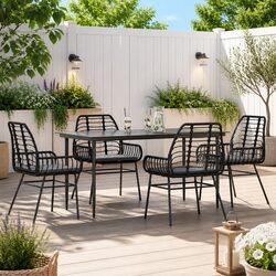 5 Piece Garden Dining Set Outdoor Patio Furniture Black Poly Rattan Glass Table