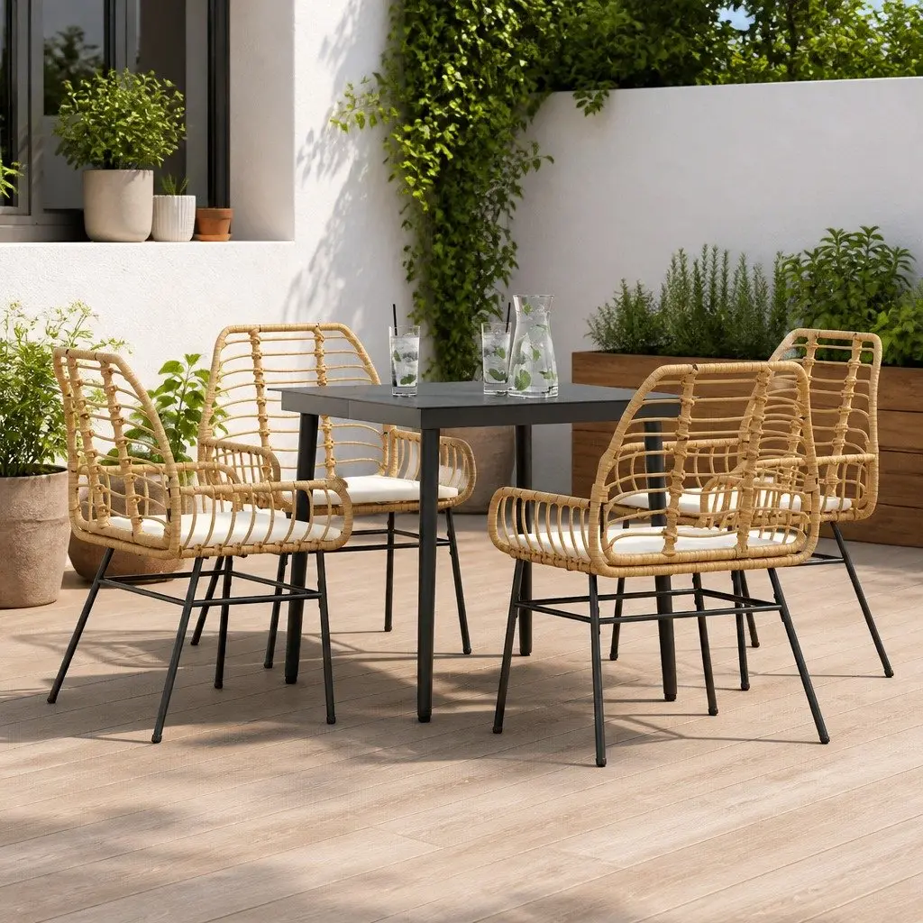 5 Piece Garden Dining Set Poly Rattan Steel Frame Tempered Glass Tabletop Brown