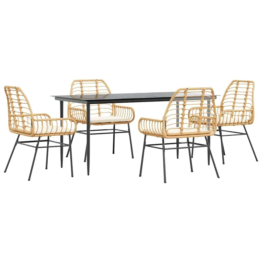 5 Piece Garden Dining Set Brown Poly Rattan Glass Outdoor Furniture Patio