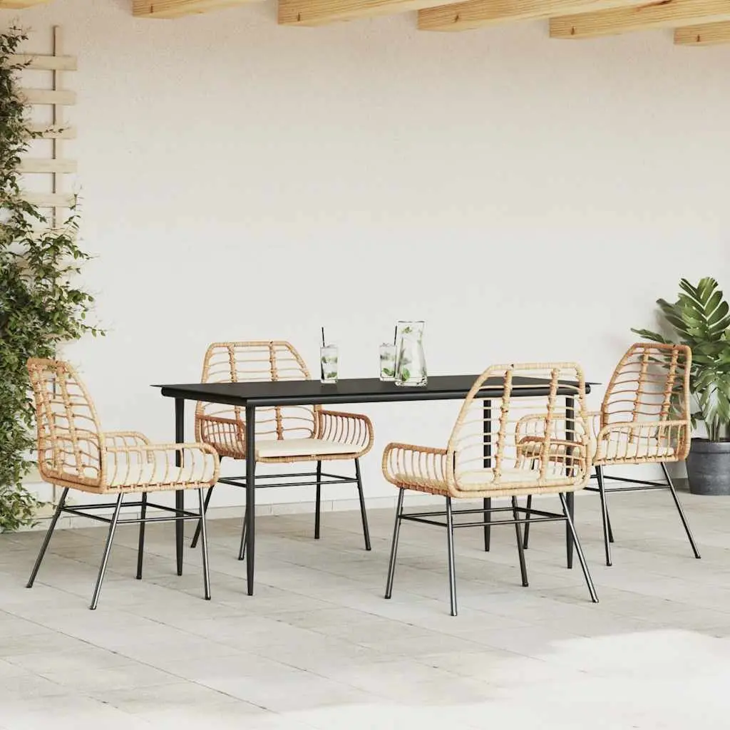 5 Piece Garden Dining Set Brown Poly Rattan Glass Outdoor Furniture Patio
