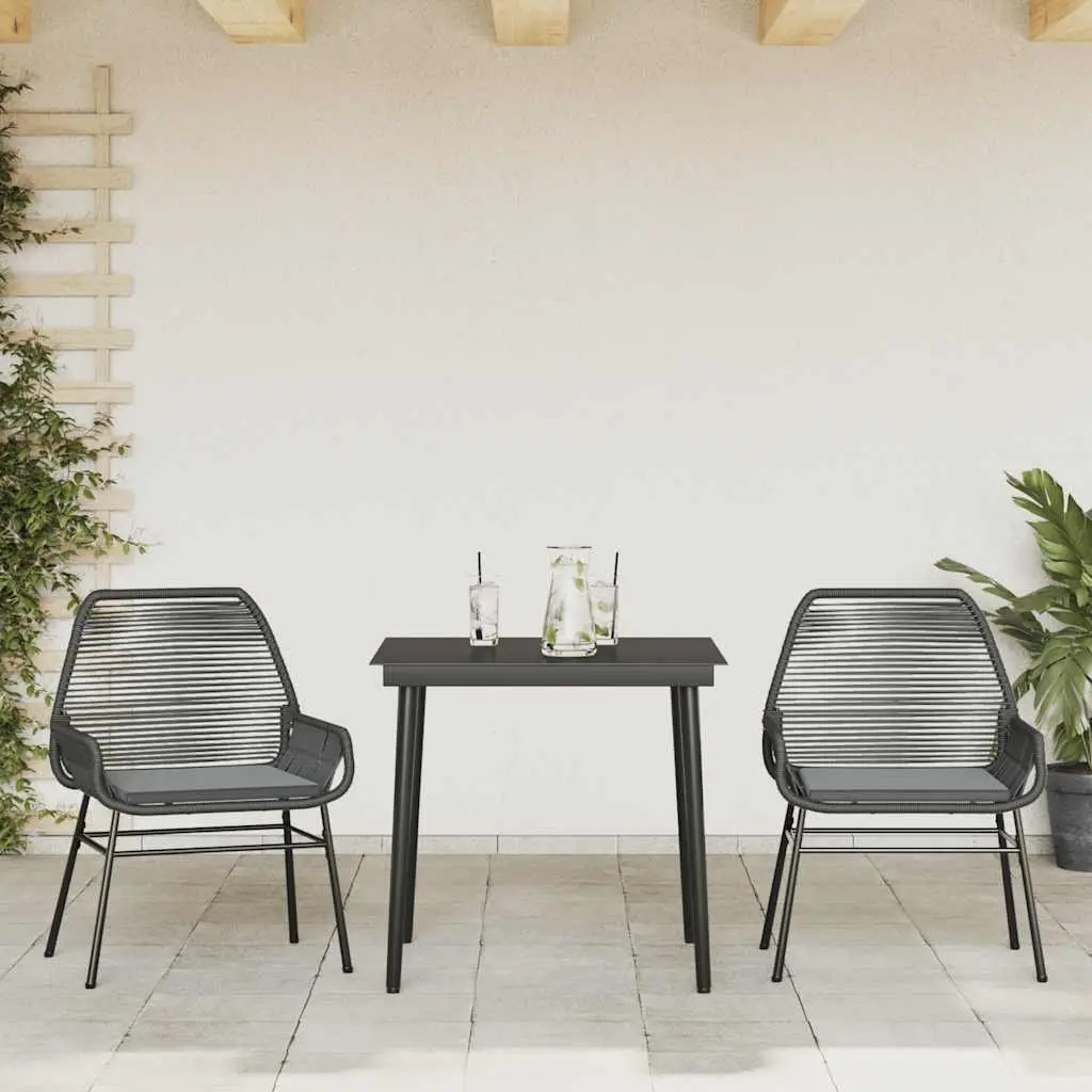 3 Piece Garden Dining Set with Cushions Black Rattan and Tempered Glass Tabletop