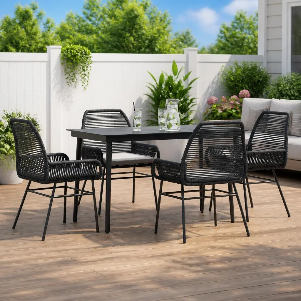 Garden Dining Set Black PE Rattan 5 Piece Patio Furniture with Cushions Tempered Glass