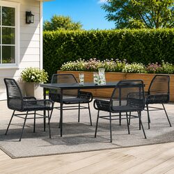 5 Piece Garden Dining Set Outdoor Furniture Black Poly Rattan Glass Table Patio
