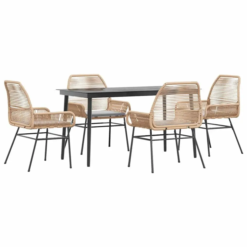 5 Piece Outdoor Dining Set Brown PE Rattan Patio Furniture with Cushions and Tempered Glass Table
