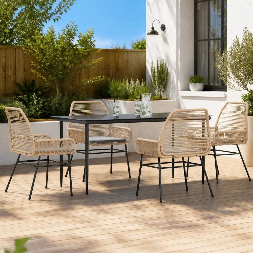 5 Piece Garden Dining Set Outdoor Furniture Brown Poly Rattan Glass Table Chairs