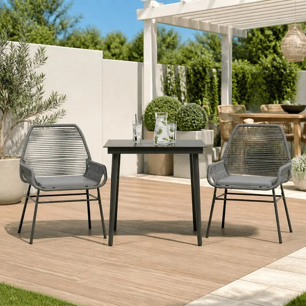 Garden Dining Set 3 Piece Grey Poly Rattan Steel Frame Tempered Glass Table Chairs
