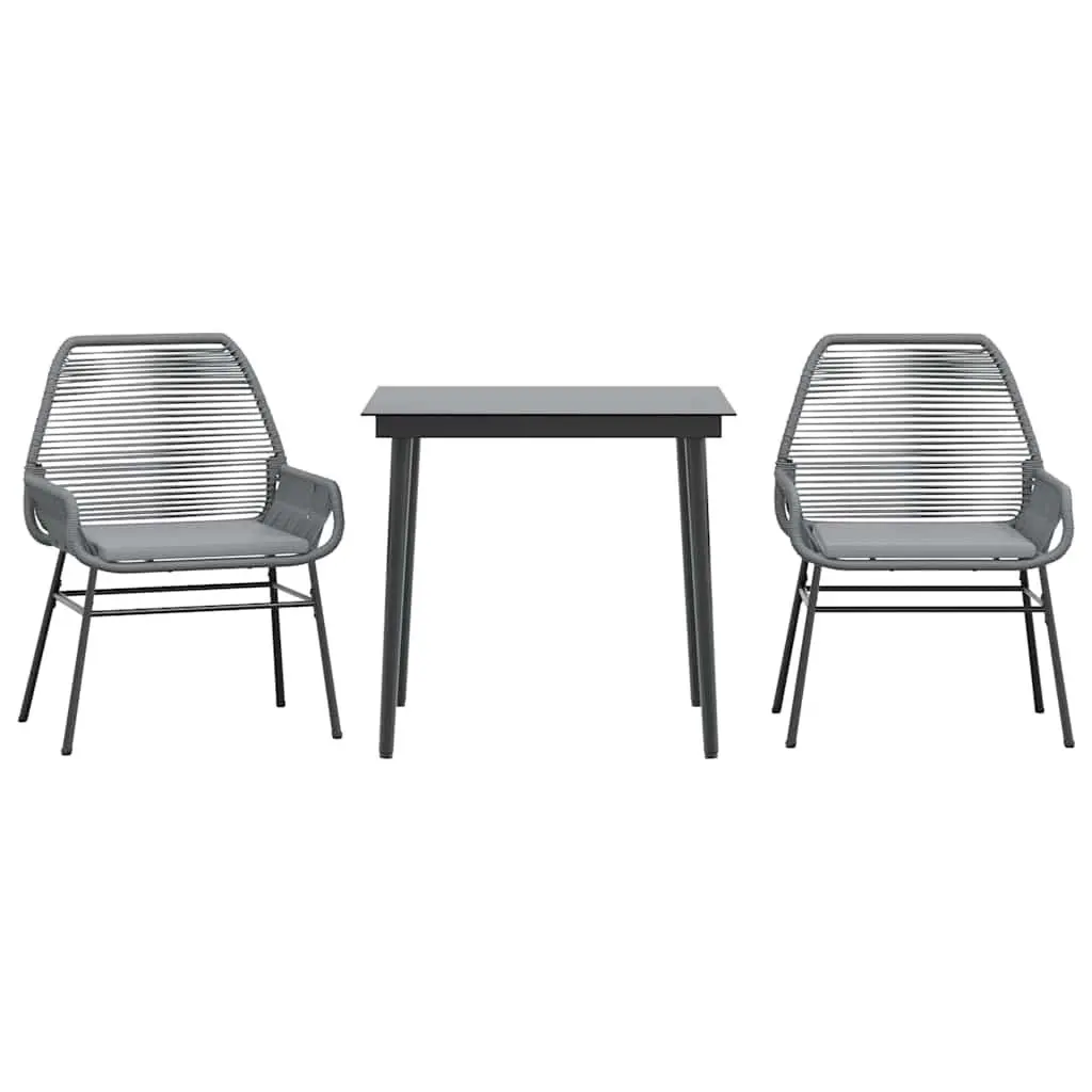 Garden Dining Set 3 Piece Grey Poly Rattan Steel Frame Tempered Glass Table Chairs