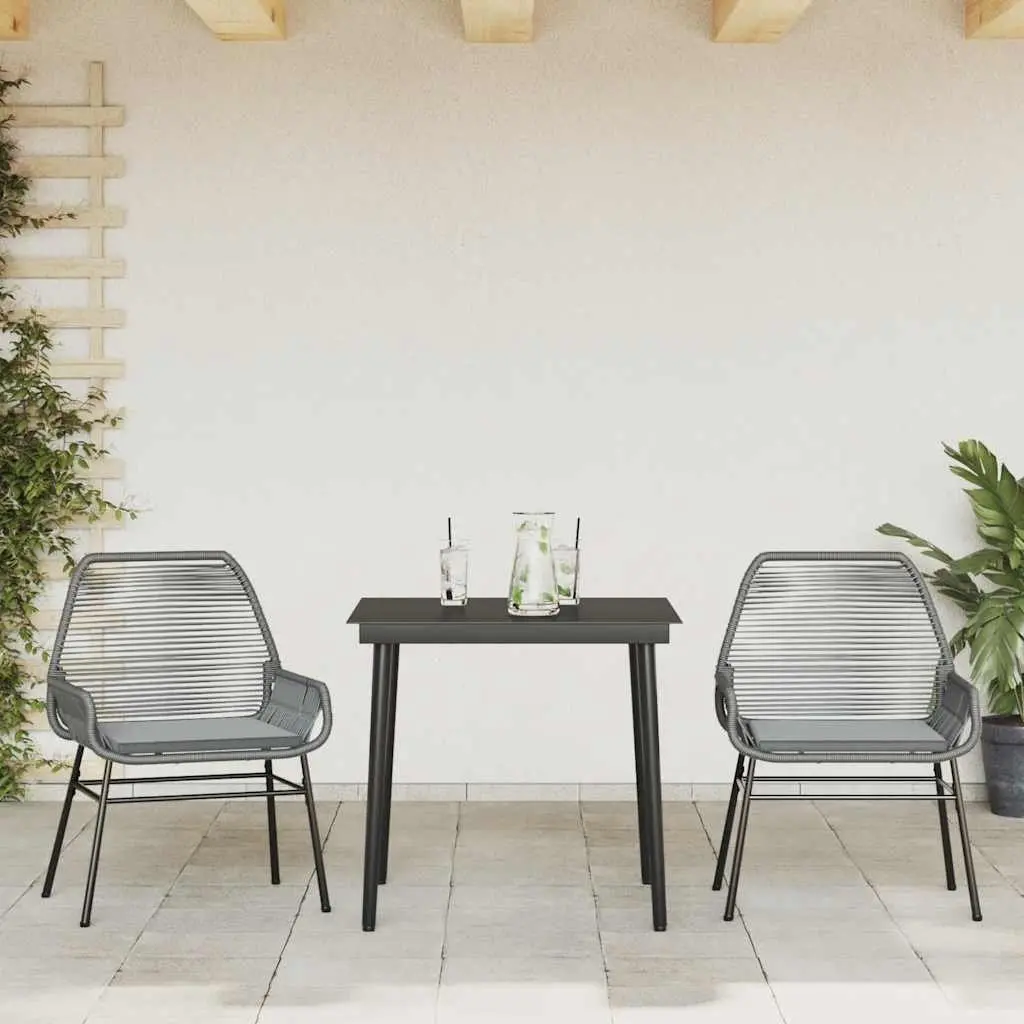Garden Dining Set 3 Piece Grey Poly Rattan Steel Frame Tempered Glass Table Chairs