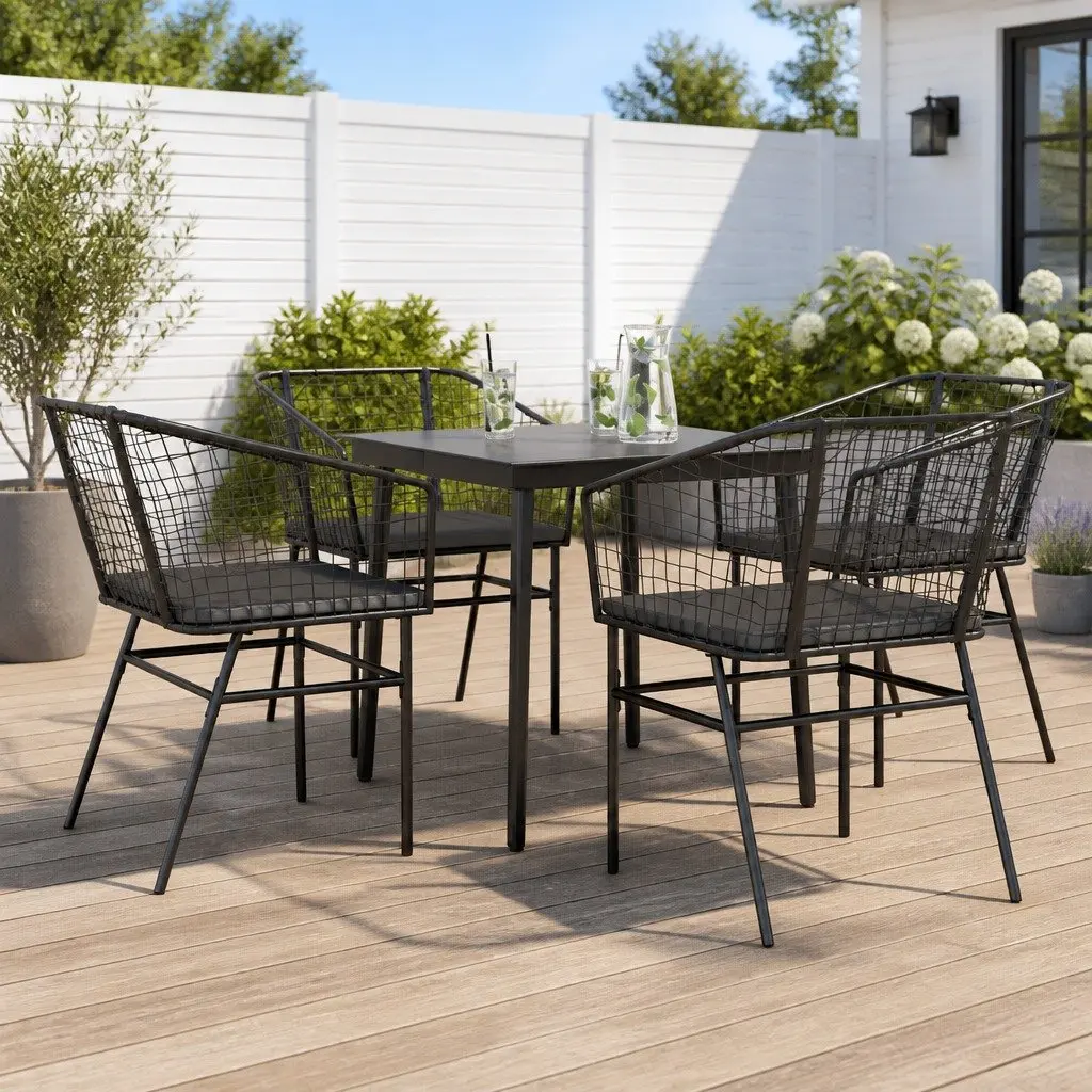 5 Piece Garden Dining Set PE Rattan Steel Frame Tempered Glass Table Black
