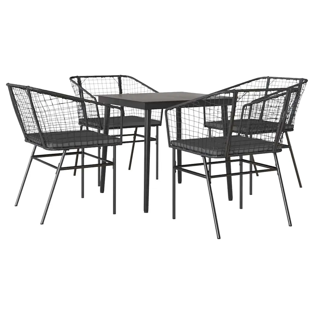 5 Piece Garden Dining Set PE Rattan Steel Frame Tempered Glass Table Black