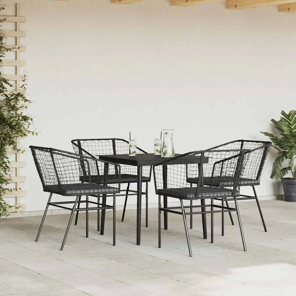5 Piece Garden Dining Set PE Rattan Steel Frame Tempered Glass Table Black