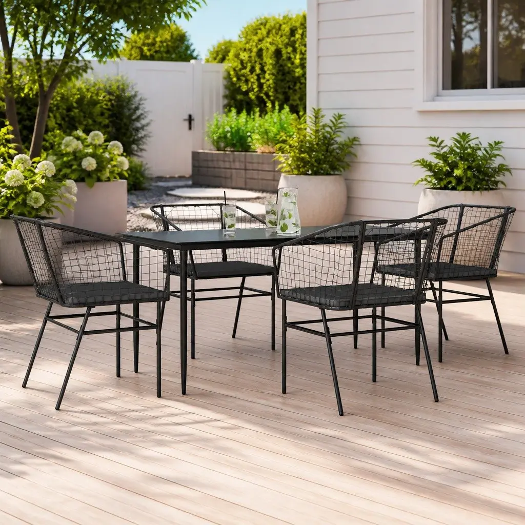 5 Piece Outdoor Dining Set Black PE Rattan Chairs and Table Durable Patio Furniture