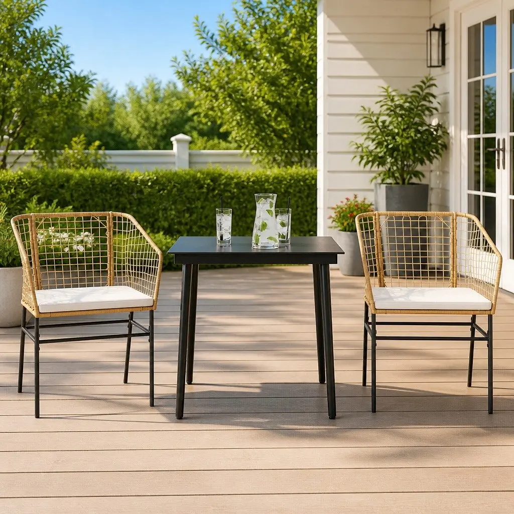Garden Dining Set Poly Rattan 3 Piece Brown with Glass Table