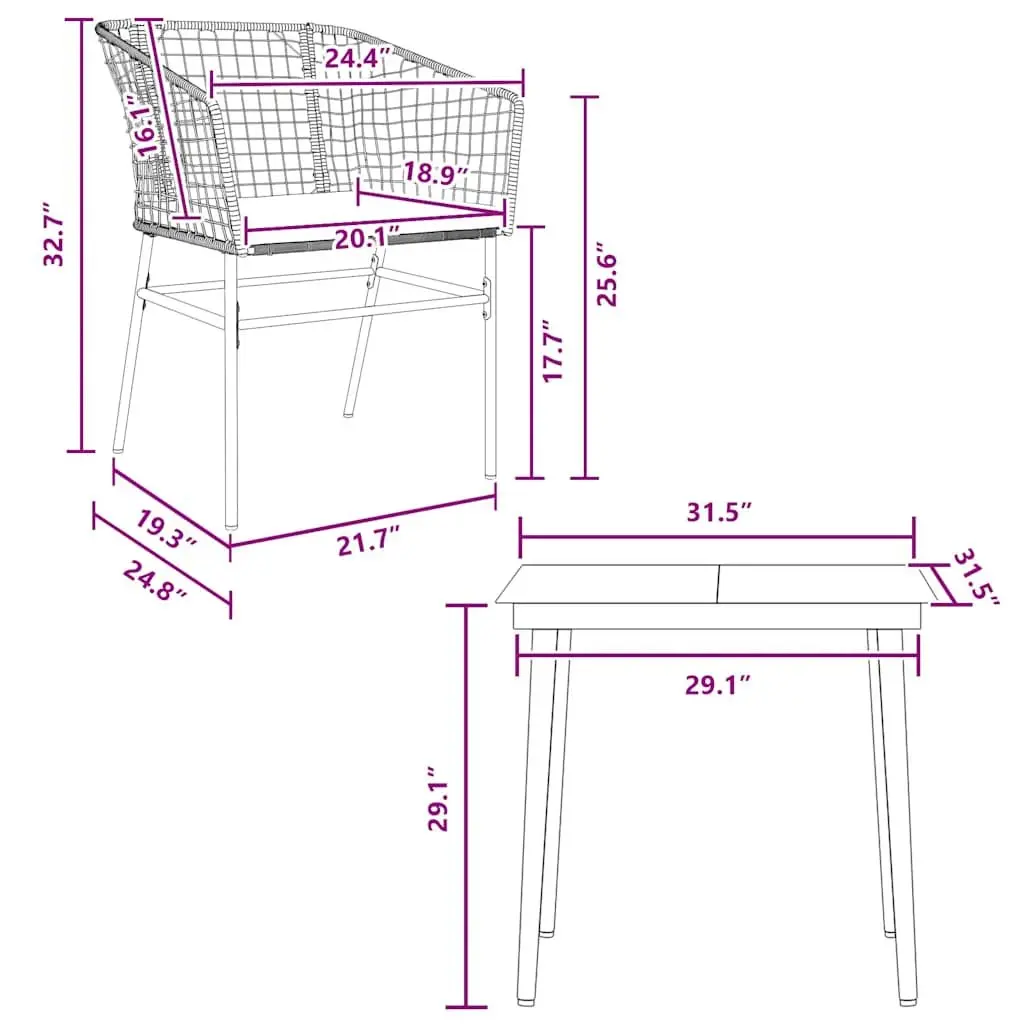 Garden Dining Set Poly Rattan 3 Piece Brown with Glass Table
