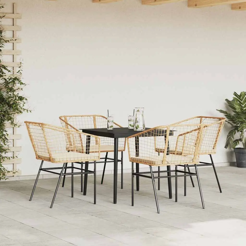 5 Piece Outdoor Garden Dining Set Poly Rattan Steel Frame Tempered Glass Brown