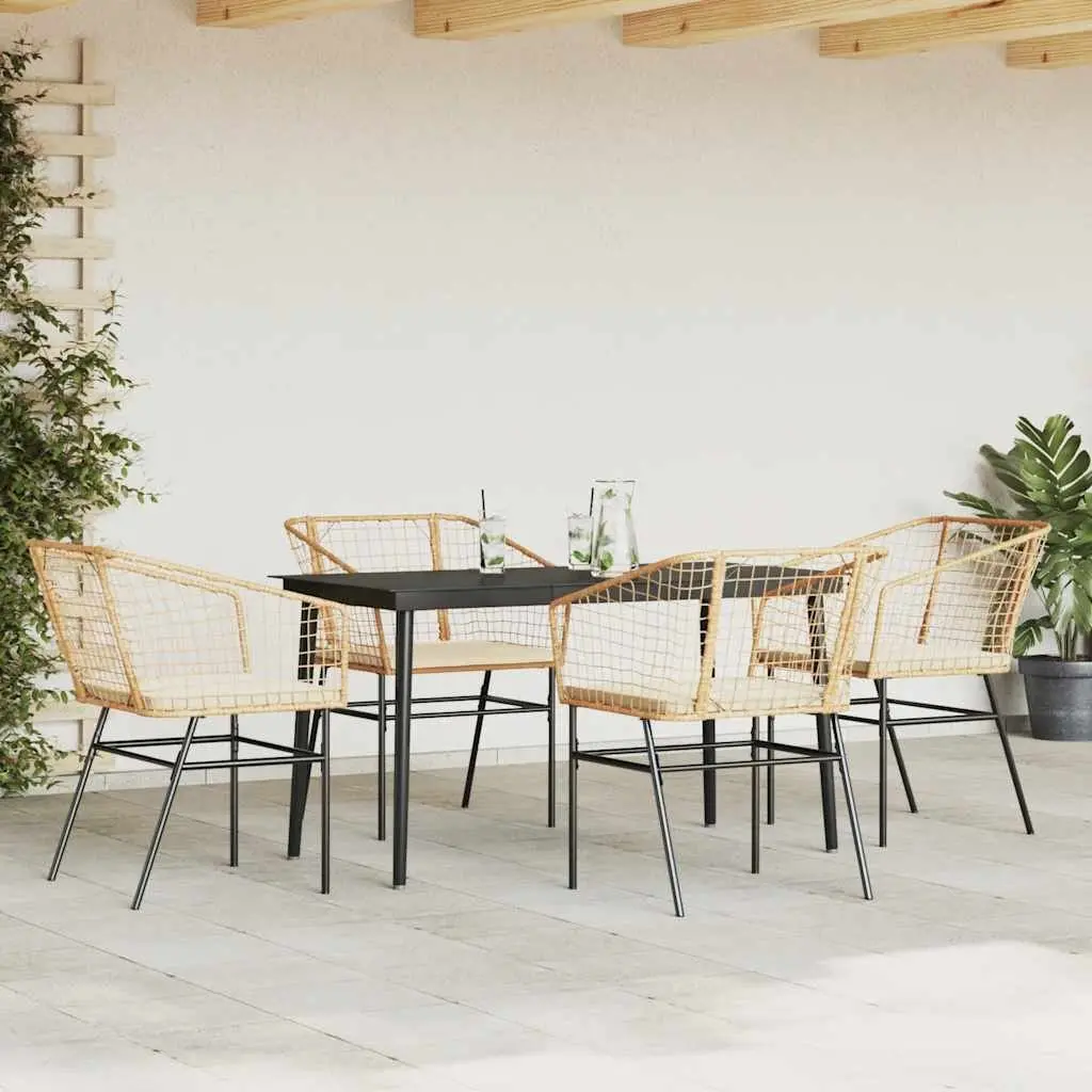 5 Piece Garden Dining Set Brown Poly Rattan Glass Tabletop Outdoor Furniture