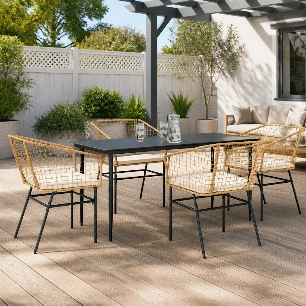 5 Piece Outdoor Dining Set Brown Poly Rattan Steel Frame Tempered Glass Table Chairs