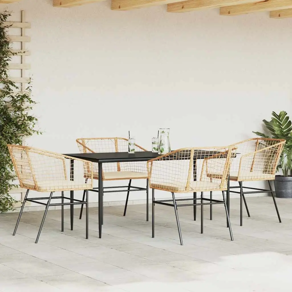 5 Piece Outdoor Dining Set Brown Poly Rattan Steel Frame Tempered Glass Table Chairs